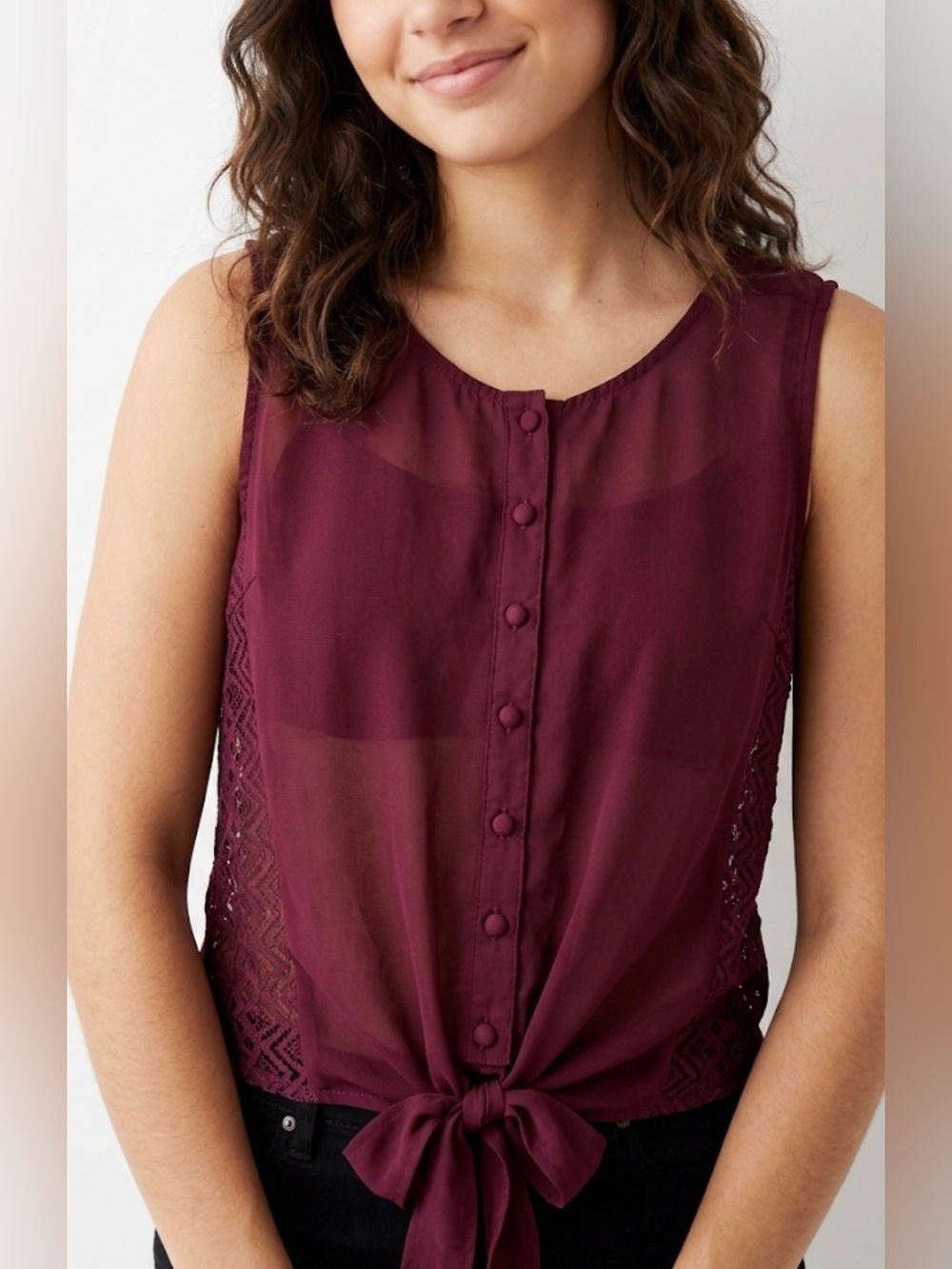 Streetwear Society Burgundy Sleeveless Tie-Front Blouse